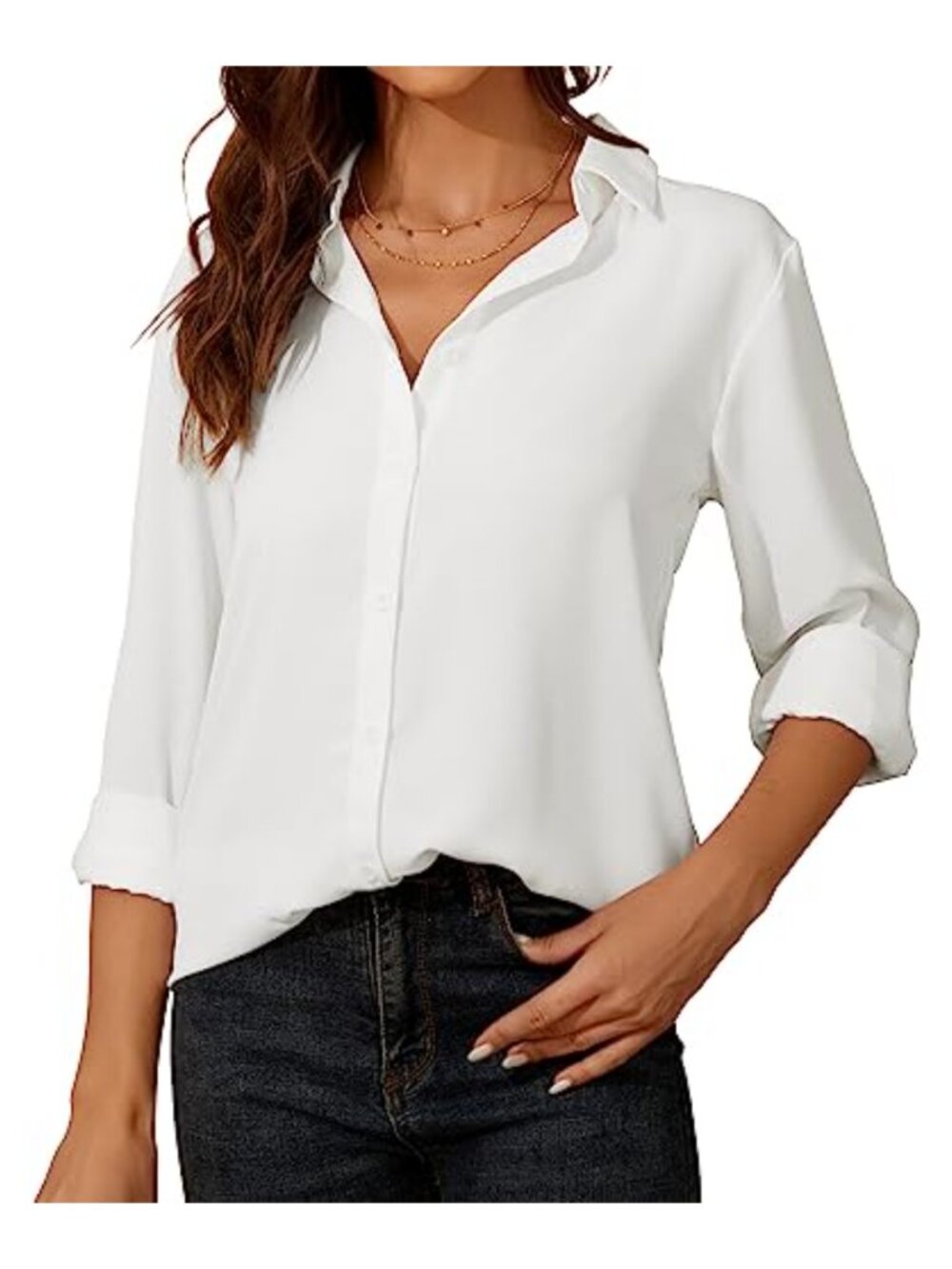 Long Sleeve Button Down Chiffon Blouse Classic Fit Work Shirt
